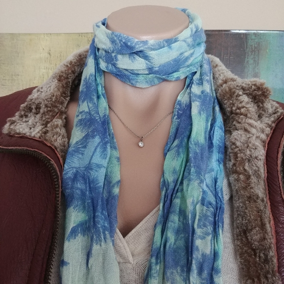 Blue Palm Tree Pattern Fringe Scarf Belt - Picture 4 of 6